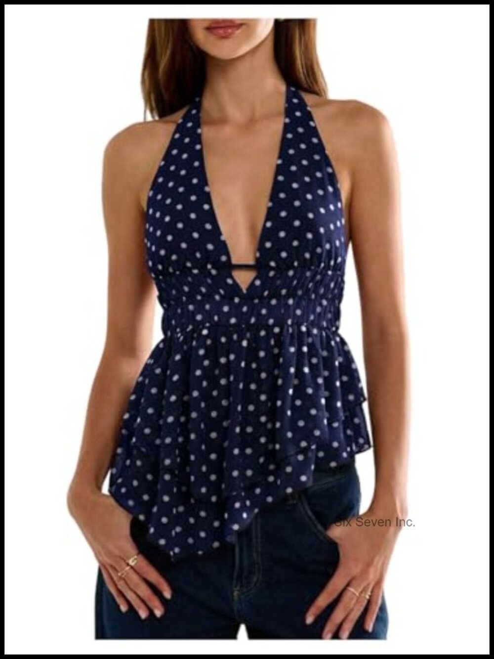 Women's Polka Dot Halter Tank Top Tie Knot Backless Ruffled Asymmetrical